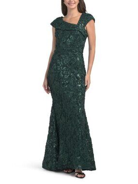 XSCAPE Long Soutache Cap Sleeve Asymetric Neck Dress